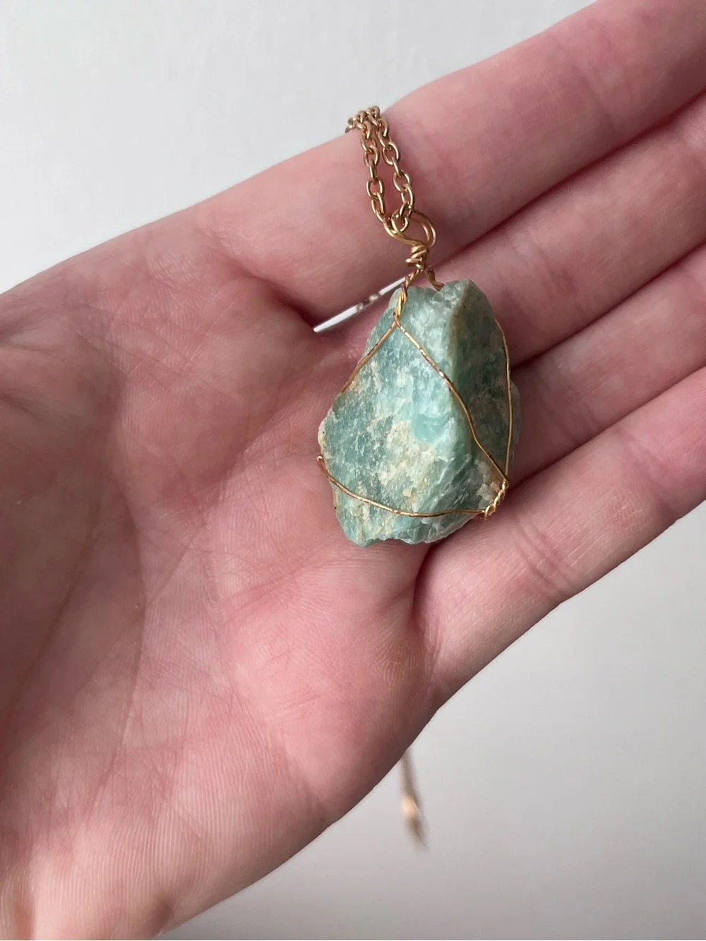 AMAZONITE raw cute natural wire wrapped stone pendant necklace on gold chain NEW